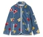 Blaue Fleecejacke mit Reissverschluss und bunten Fahrzeugmotiven.