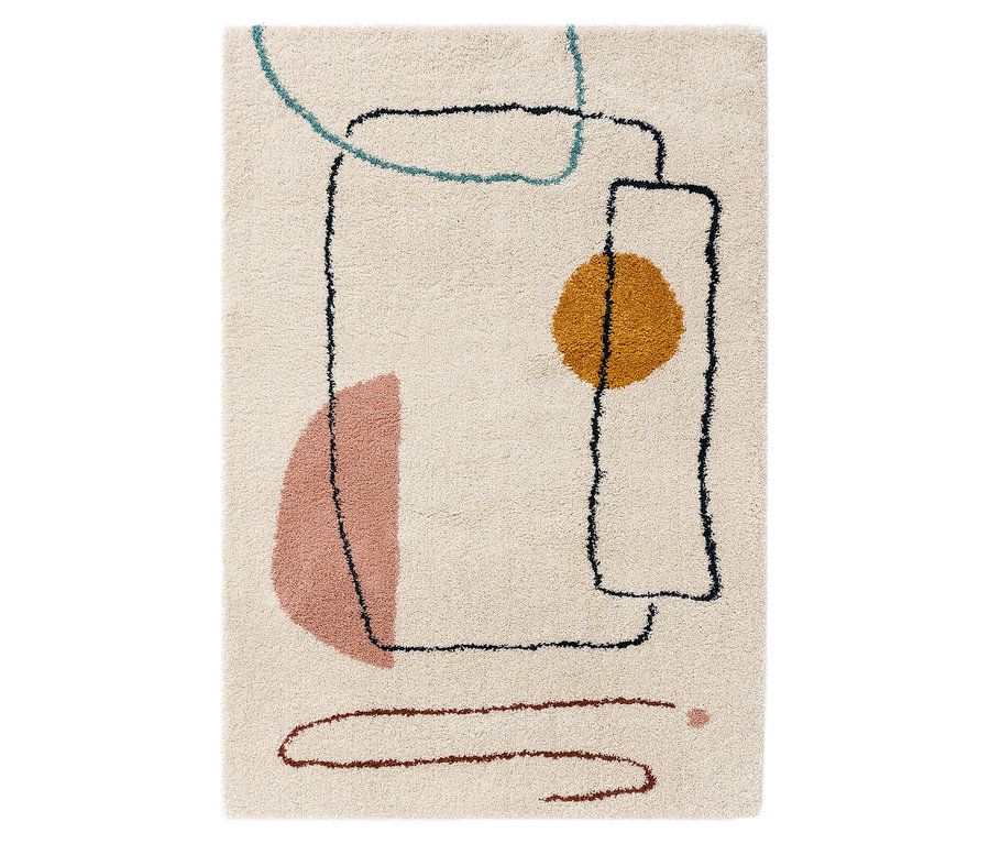 Ein beiger Teppich mit abstrakten Formen in Rosa, Gelb, Schwarz und Blau.