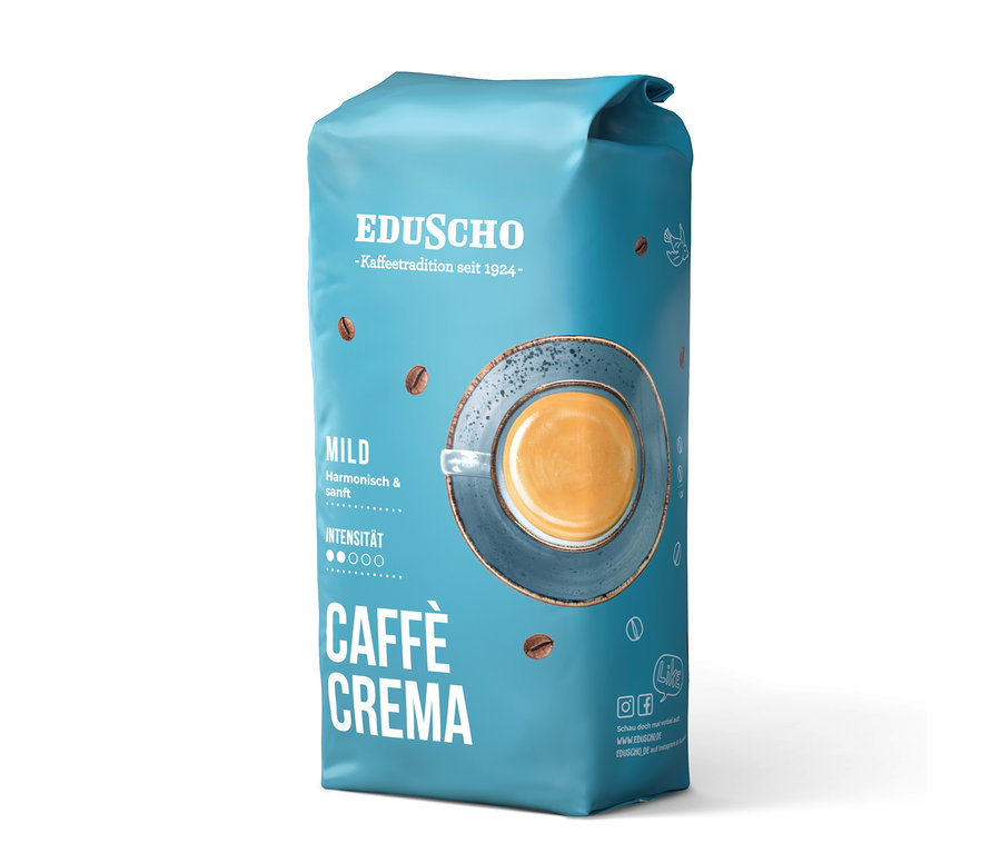 Eine Packung Eduscho Caffè Crema Mild mit einer Abbildung einer Tasse Kaffee.