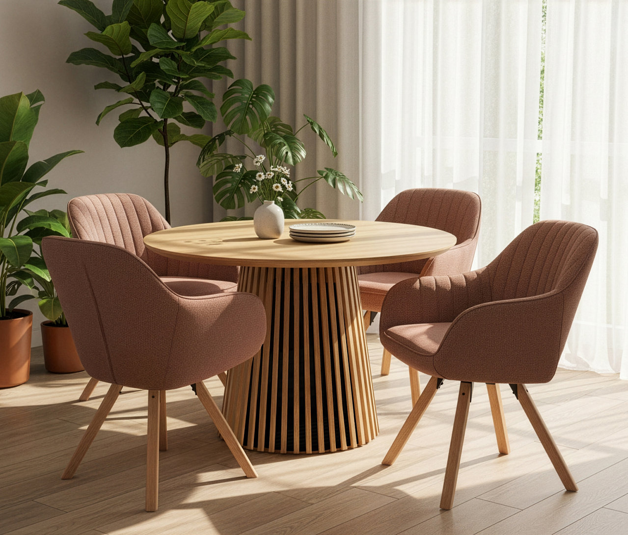 Runder Holztisch mit vier rosafarbenen deVries Diningsessel »Matera«, Vase mit Blumen und Tellern, umgeben von Pflanzen.