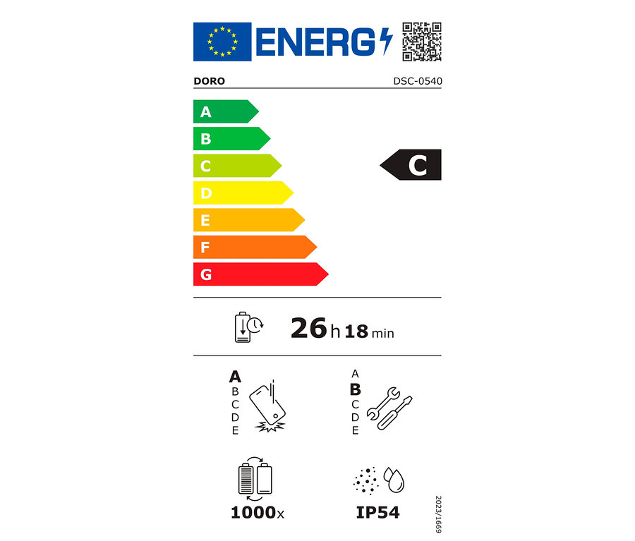 Energielabel mit C-Klasse, 26h 18min Akkulaufzeit, Sturzfestigkeit und IP54 Wasserdichtigkeit.