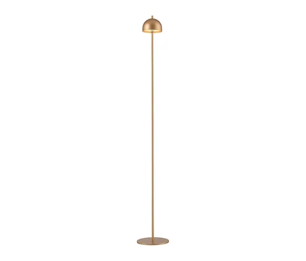 Eine hohe, schlanke Stehlampe in Gold mit rundem Fuß und glockenförmigem, leuchtendem Schirm.