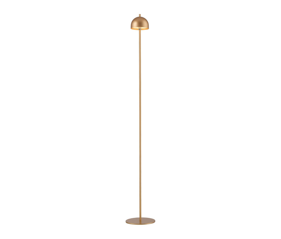 Eine hohe, schlanke Stehlampe in Gold mit rundem Fuß und glockenförmigem, leuchtendem Schirm.