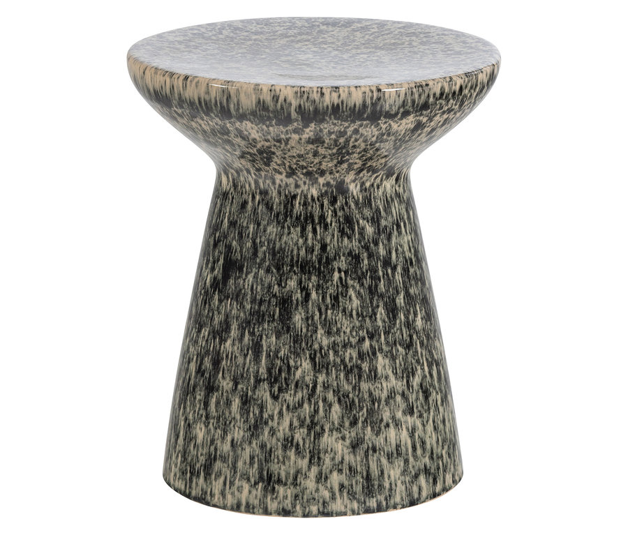 Ein Keramikhocker mit runder Platte und konischem Körper, der ein gesprenkeltes Muster in Schwarz und Hellbeige mit glänzender Oberfläche aufweist.