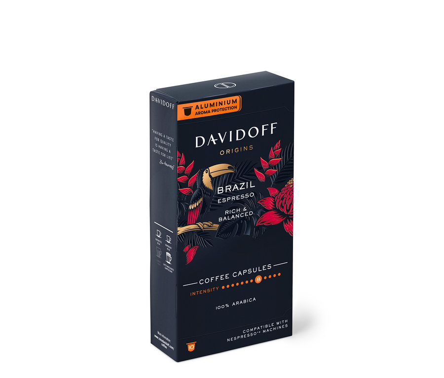 Eine Packung DAVIDOFF CAFÉ ORIGINS Brazil - 10 Kapseln mit einem Tukan-Bild.