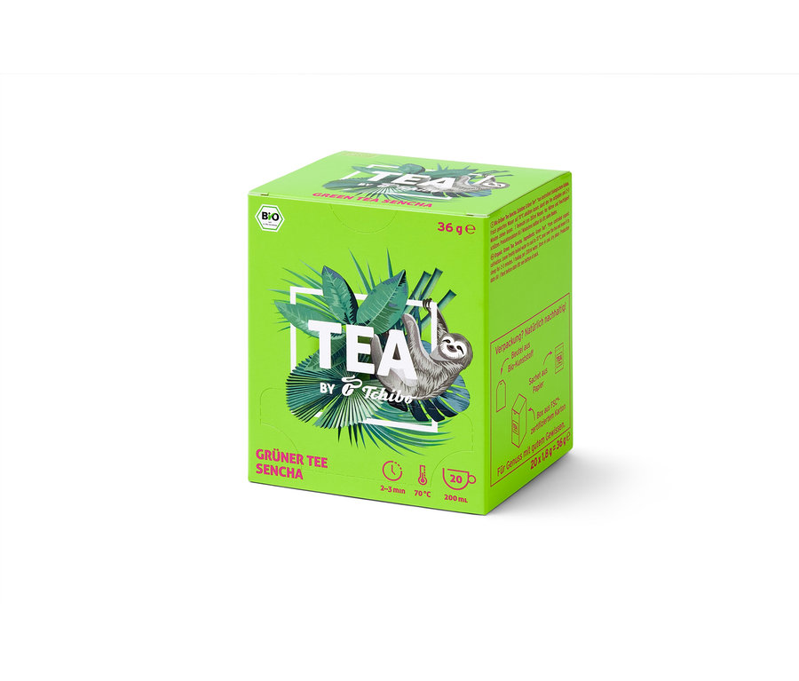 Grüne Packung TEA by Tchibo Bio Grüner Tee Sencha mit Faultier.