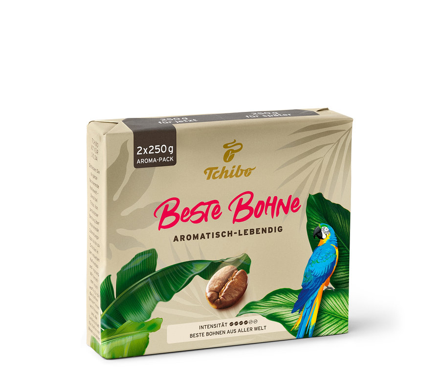 Eine 2x250g Packung Beste Bohne Kaffee mit Papagei und Kaffeebohnen Motiv.