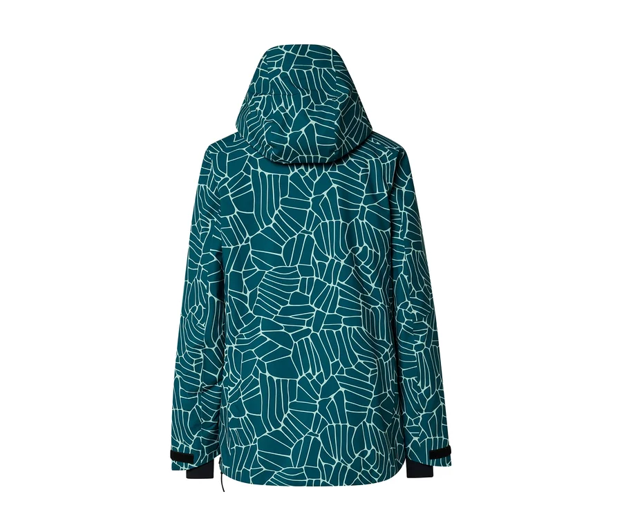 Türkise Jacke mit weißem, abstraktem Muster von hinten, mit Kapuze und verstellbaren Ärmelbündchen.