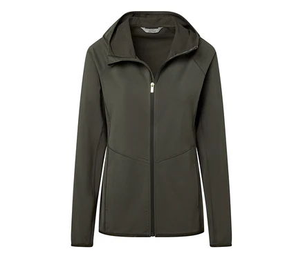 Grüne Sportjacke mit Reißverschluss und Kapuze.