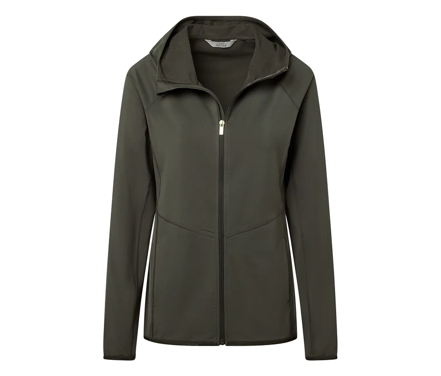 Grüne Sportjacke mit Reißverschluss und Kapuze.