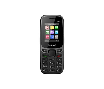 Ein schwarzes Tastenhandy mit Bildschirm, ein Bea-fon C80 LTE schwarz.