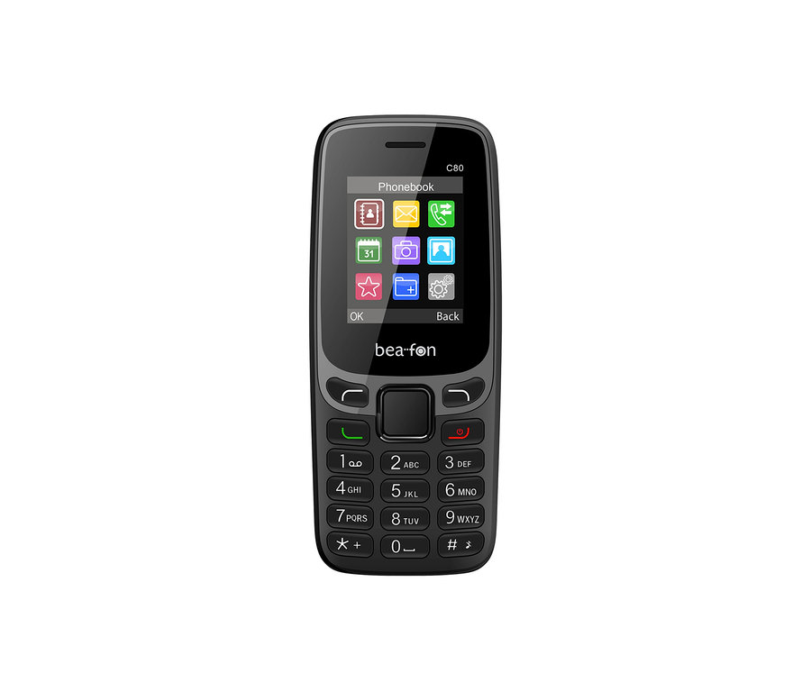Ein schwarzes Tastenhandy mit Bildschirm, ein Bea-fon C80 LTE schwarz.