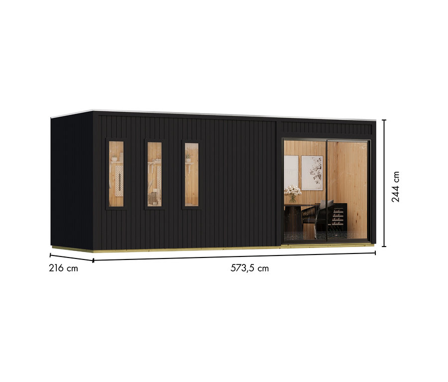 Schwarzes Karibu Homeoffice-Gartenhaus „Valentin“ mit vertikaler Holzverkleidung, drei schmalen Fenstern und großer Glasschiebetür, die einen Bürobereich zeigt. Maße: 573,5 x 216 x 244 cm.