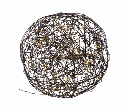 Eine mittelgroße 3D-LED-Kugel aus verschlungenen dunklen Drähten mit leuchtenden warmweißen LEDs.