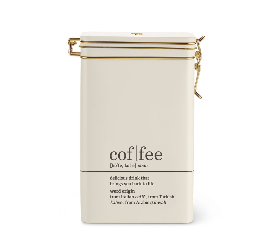 Elfenbeinfarbene Kaffeedose, coffee dictionary, mit goldenem Verschluss.