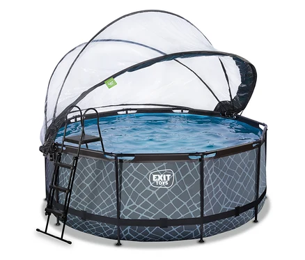 Rundes EXIT Pool-Set »STONE« mit ca. 360 cm Durchmesser, grauer Steinmusterung, schwarzem Metallrahmen, Leiter und teilweise geöffneter transparenter Kuppelabdeckung über blauem Wasser.
