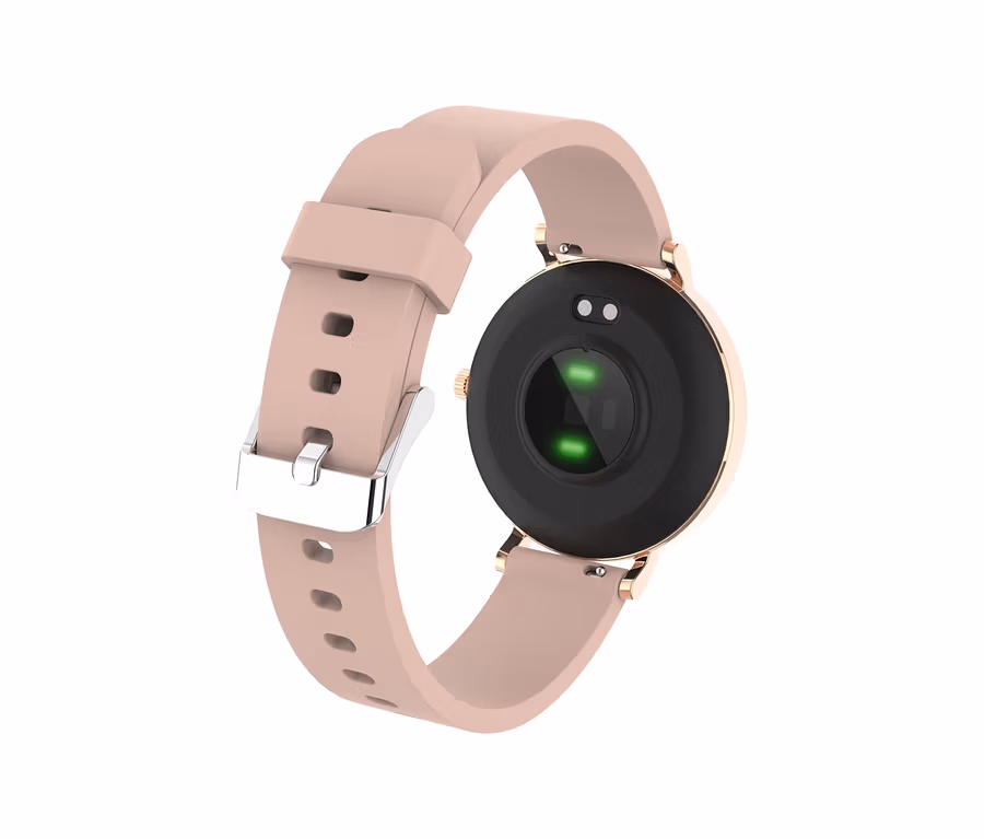 Nahaufnahme der roségoldfarbenen Kienzle »Active Smart Slim« Uhr mit rosafarbenem Armband, die Rückseite mit Sensoren ist sichtbar.