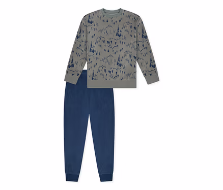 Graugrüner SCHIESSER Kinder-Pyjama mit Bündchen, Oberteil mit Waldmuster und blauer Hose.