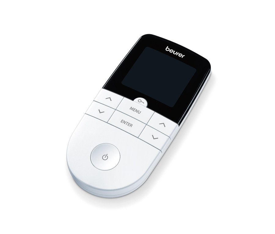 Weißes Beurer-Digital-TENS/EMS EM 49 mit schwarzem Display.