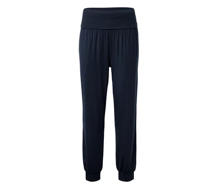 Marineblaue, lange Jerseyhose mit breitem Bund und elastischen Bündchen an den Knöcheln.