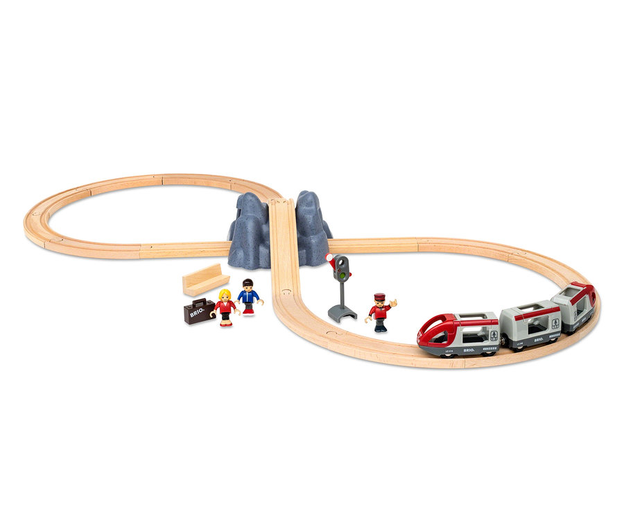 Holzeisenbahn mit Zug, Figuren und Zubehör. Zu sehen ist das BRIO® – Eisenbahn-Starter-Set A.