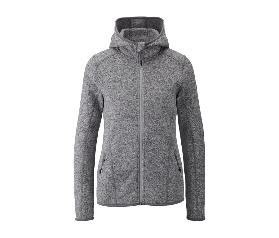 Graue Kapuzen-Strickfleecejacke mit Reißverschluss.