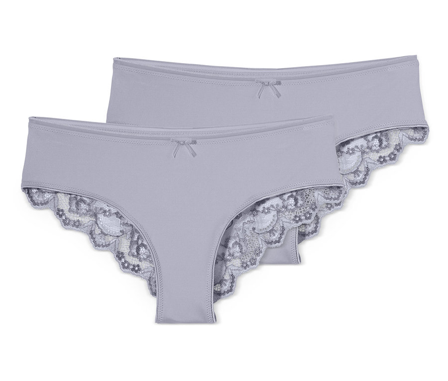 Zwei hellviolette Brazilslips mit Spitze.