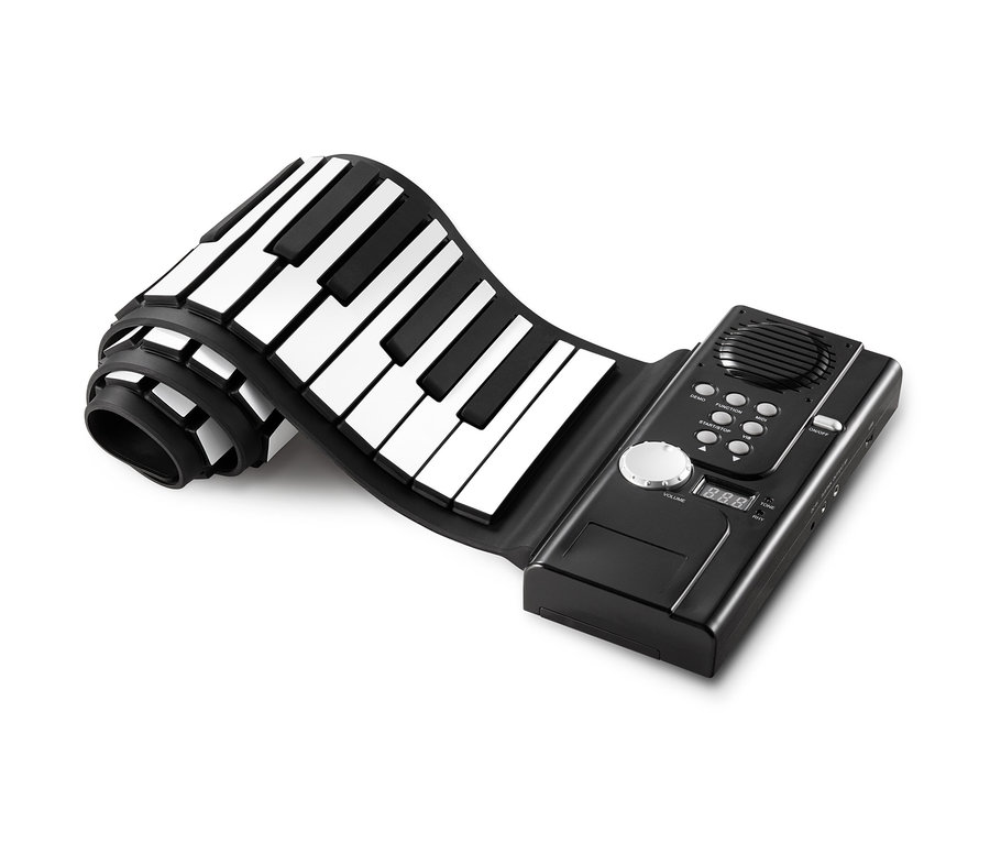 Schwarzes elektronisches Rollpiano mit weißen und schwarzen Tasten.