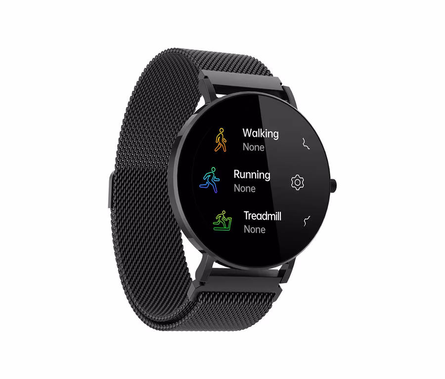 Nahaufnahme der schwarzen Kienzle Uhr »Active Smart Slim« mit Menüanzeige für Walking, Running und Laufband.