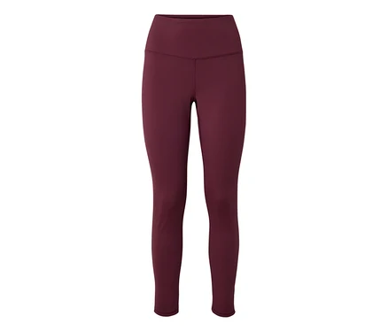 Burgunderfarbene Leggings mit hoher Taille vor einem weißen Hintergrund.