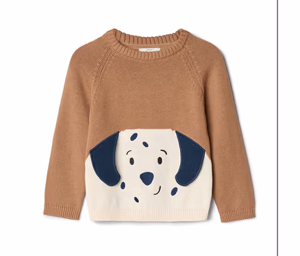 Brauner Kinderpullover mit einem Hundegesicht in Weiß und Blau auf der Vorderseite.