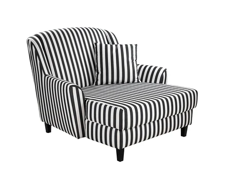 Schwarz-weiß gestreifte Chaiselongue mit passendem Kissen und dunklen Holzbeinen.