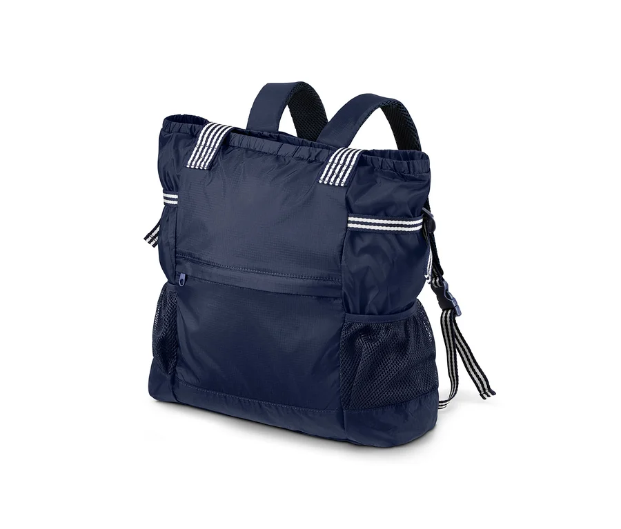 Marineblauer 2-in-1: faltbarer Rucksack mit weißen Streifen.