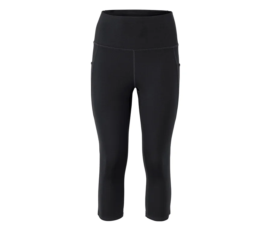 Schwarze, knielange Leggings mit hohem Bund.