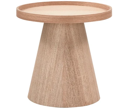 Heller Holz-Beistelltisch mit runder Platte und erhöhtem Rand sowie konischem Fuß, mit sichtbarer Holzmaserung.