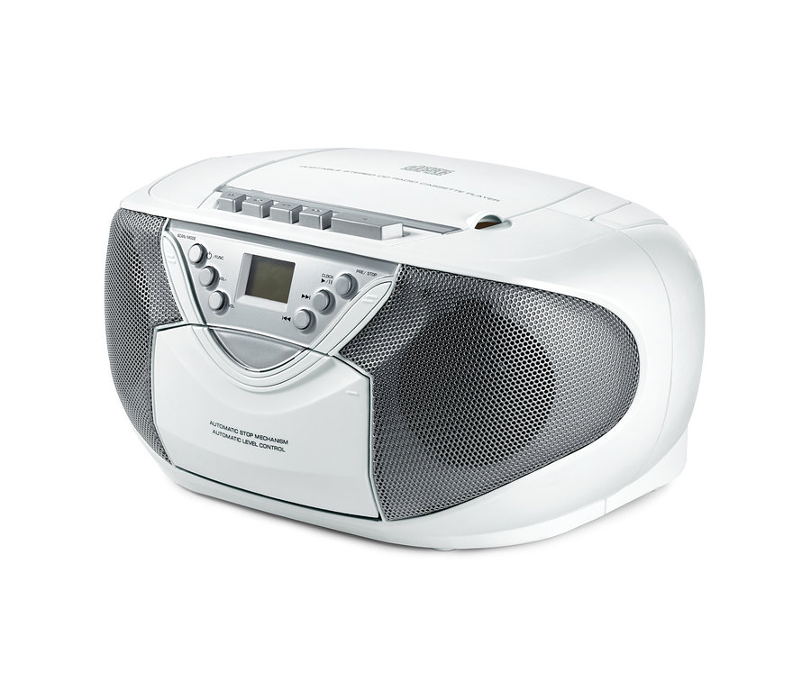 Ein weißer Boombox mit Radio, CD- und Kassettenlaufwerk.
