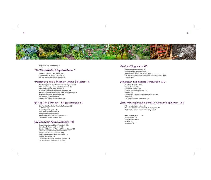 Eine Buchseite mit Gartenfotos und Text. Auf der Seite ist das Buch: »Das große Ulmer Biogartenbuch« abgebildet.