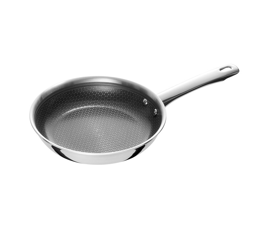 Eine silberne Bratpfanne aus dem 3-teiligen Henckels by ZWILLING »Valley« Bratpfannenset. Sie hat eine dunkle Antihaftbeschichtung mit Wabenmuster und einen passenden Griff.