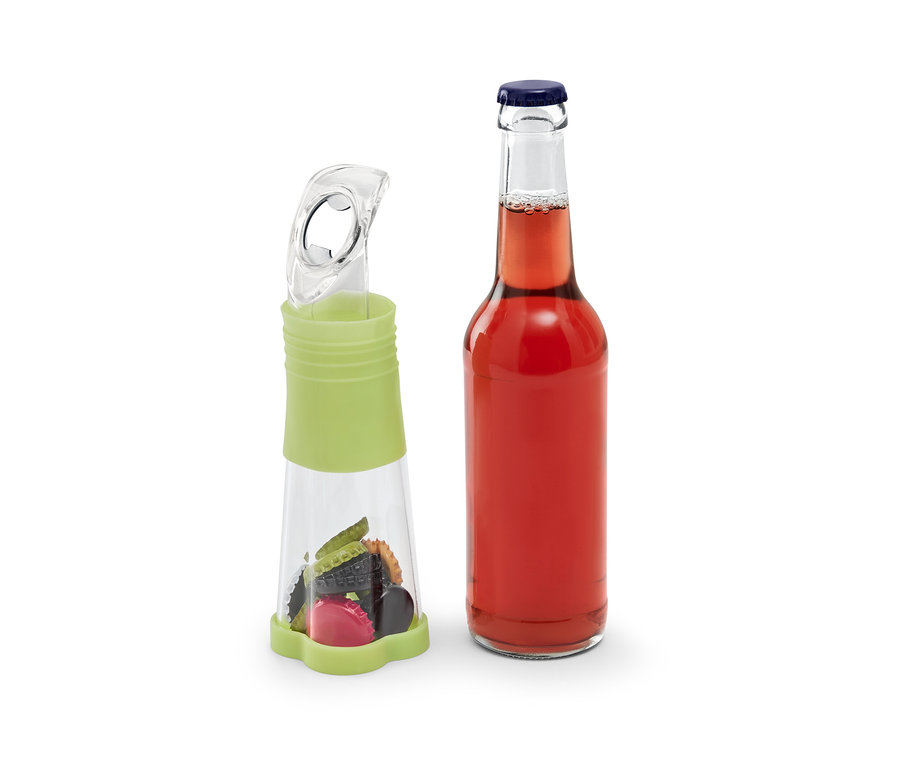 Flaschenöffner mit Auffangbehälter und eine Flasche mit rotem Inhalt.
