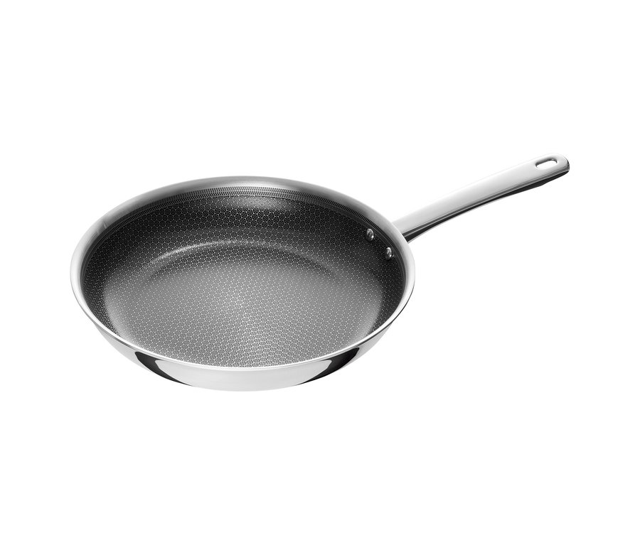 Eine Henckels by ZWILLING »Valley« Bratpfanne mit glänzendem Edelstahlgehäuse und dunkler Antihaftbeschichtung mit Wabenmuster.
