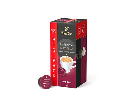 Eine rot-schwarz-dunkelviolette Packung mit 30 Cafissimo Espresso kräftig Kapseln steht aufrecht, davor liegt eine einzelne dunkelviolette Kapsel.
