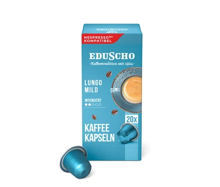Blaue Verpackung Eduscho Lungo Mild Kaffeekapseln, Nespresso kompatibel, mit Bild einer Tasse Kaffee und 20 Kapseln, eine blaue Kapsel liegt davor.