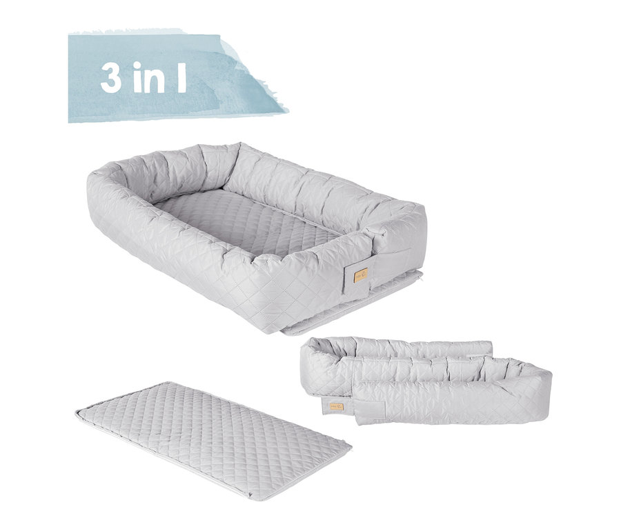 Die graue Roba 3-in-1 Babylounge wird in drei verschiedenen Konfigurationen gezeigt.