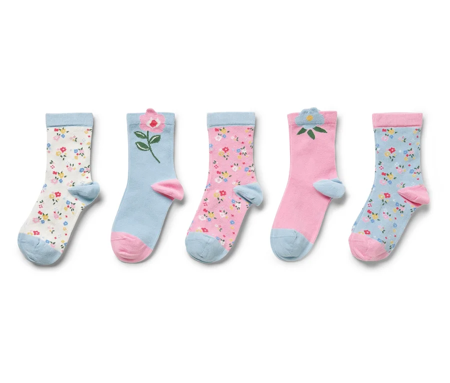 Fünf Paar Kinder-Socken, floral.