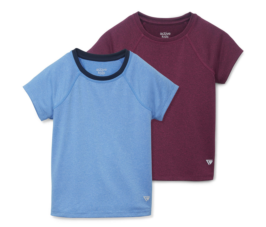 Zwei Funktionsshirts, eins hellblau, eins weinrot.