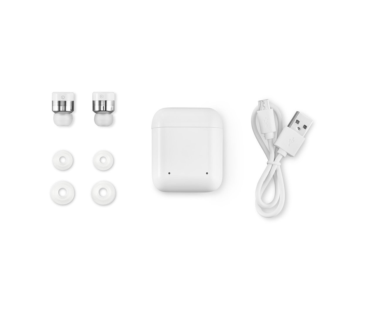 Weiße kabellose In-Ear-Kopfhörer mit Ladeetui, USB-Kabel und zwei Paare von Ersatz-Ohrstöpseln.