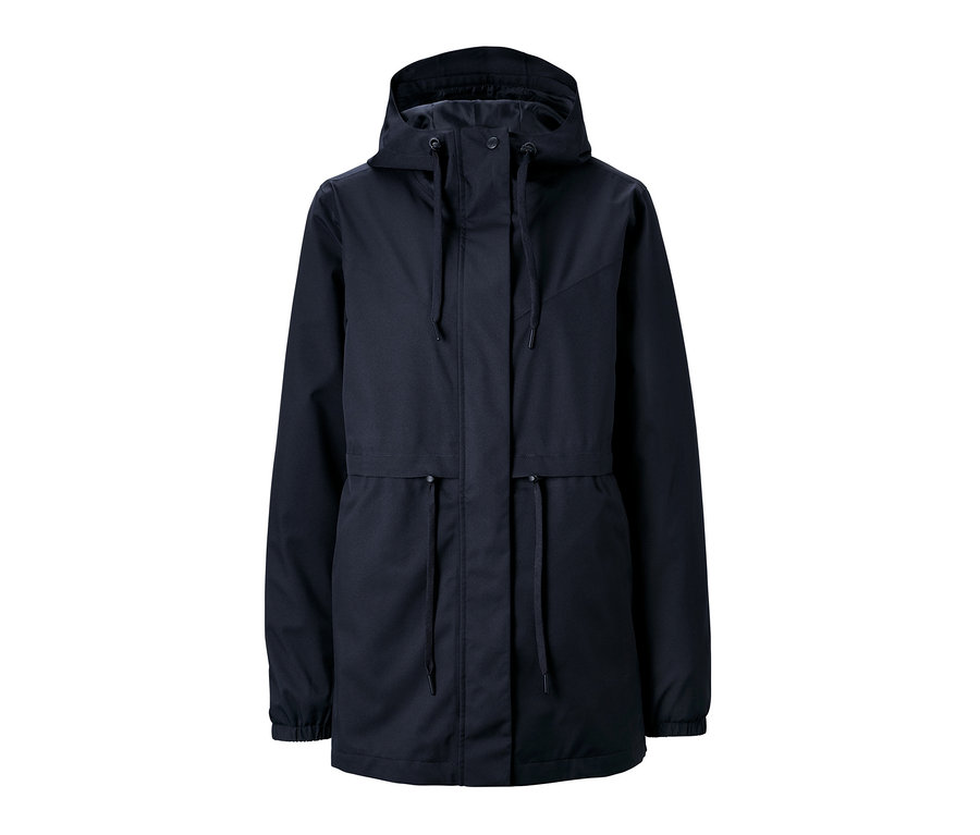 Dunkelblaue Regenjacke mit Kapuze und Kordelzug in der Taille.