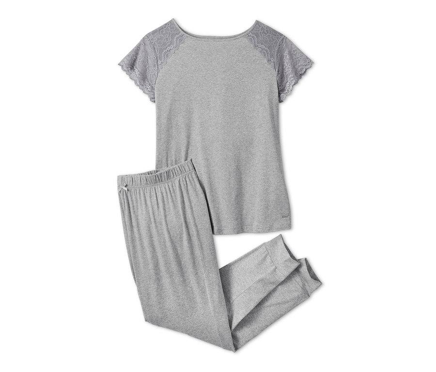 Grauer Pyjama mit Spitzenärmeln und Hose.