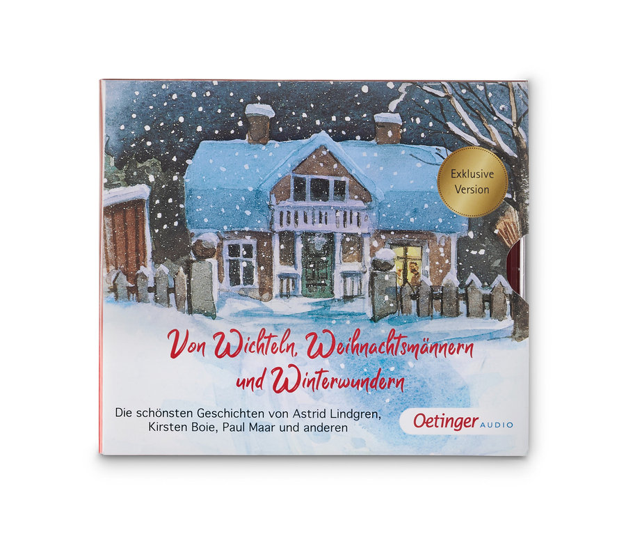 Cover der CD »Von Wichteln, Weihnachtsmännern und Winterwundern« mit Illustration eines verschneiten Hauses.