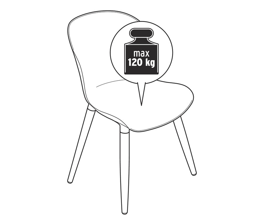 Illustration eines grauen Schalenstuhls aus recyceltem Kunststoff mit einer maximalen Belastbarkeit von 120 kg.